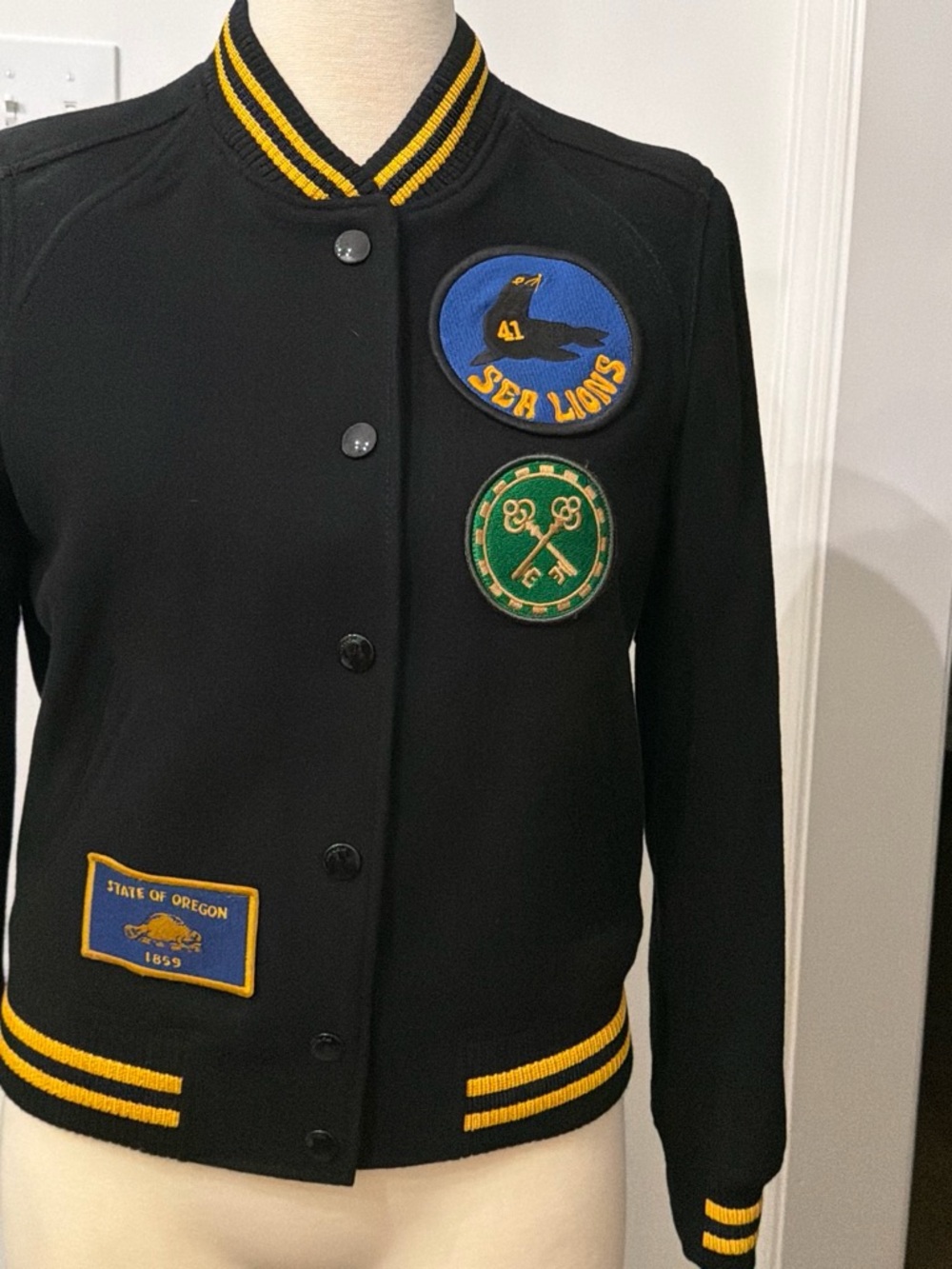 Coach Black Bomber Jacket with Yellow Stripe Trim and Patches size 8